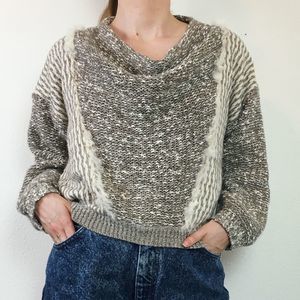 Vintage Neutral Boho Sweater Wool Blend Fur Trim